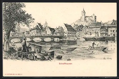 AK Schaffhausen, Flusspartie mit Brücke
