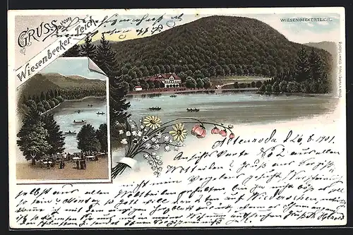 Lithographie Bad Lauterberg /Harz, Wiesenbeekerteich mit Ruderpartie