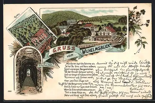 Lithographie Treseburg, GasthausWilhelmsblick, Kirche