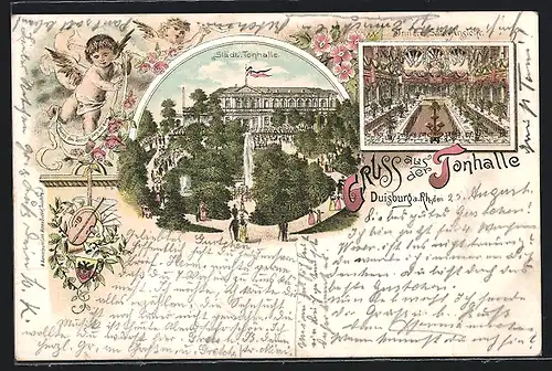 Lithographie Duisburg, Gasthaus Städtische Tonhalle, Saal-Ansicht