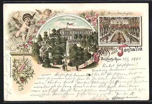 Lithographie Duisburg, Städtische Tonhalle mit innerer Saal-Ansicht, Wappen