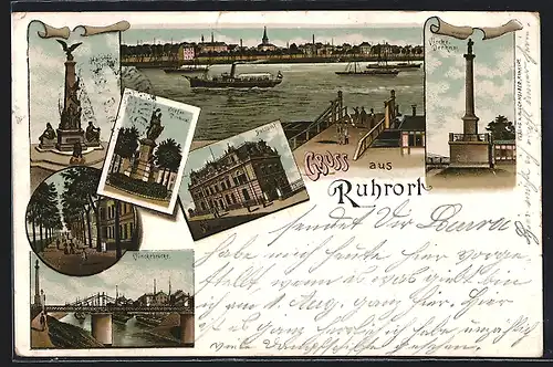 Lithographie Ruhrort, Postamt, Kriegerdenkmal, Rheinallee
