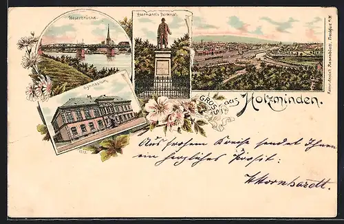 Lithographie Holzminden, Haarmann`s Denkmal, Weserbrücke, Gymnasium und Totalansicht