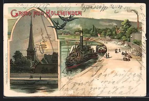 Lithographie Holzminden, Kirche und Dampferanlegestelle