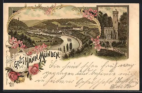 Lithographie Hann.-Münden, Teilansicht, Tillyschanze