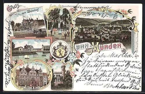 Lithographie Hann.-Münden, Bahnhof, Forstakademie, Totalansicht, Rathaus
