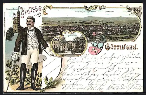 Lithographie Göttingen, Bismarckturm, Auditorium und Ortspanorama