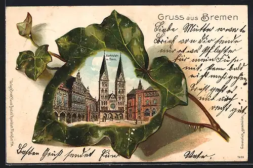 Passepartout-Lithographie Bremen, Marktplatz mit Dom, Ansicht auf Efeublatt