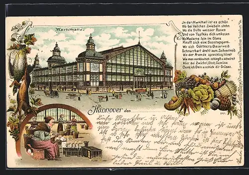 Lithographie Hannover, Partie an der Markthalle, Marktfrau an ihrem Stand