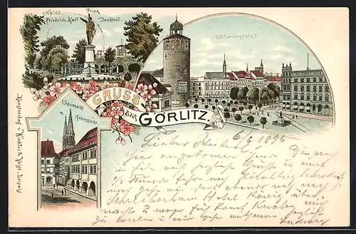 Lithographie Görlitz, Prinz Friedrich Karl Denkmal, Marienplatz, Untermarkt mit Peterskirche