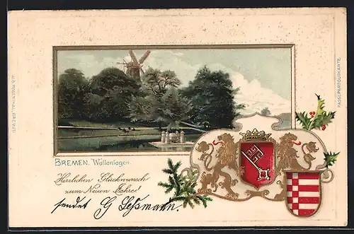 Passepartout-Lithographie Bremen, Partie an den Wallanlagen, Wappen