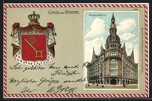 Passepartout-Lithographie Bremen, Baumwollbörse und Wappen