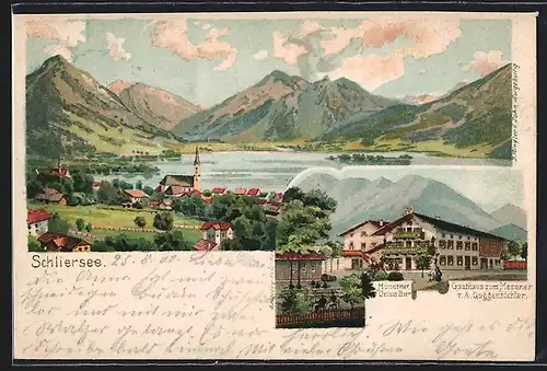 Lithographie Schliersee, Gasthaus zum Messner, Ortsansicht und Seepartie mit Gipfelpanorama