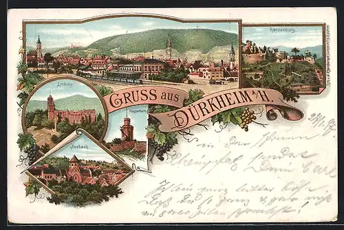 Lithographie Dürkheim, Limburg, Flaggenturm, Ortsansicht mit Zug in goldenen Rahmen
