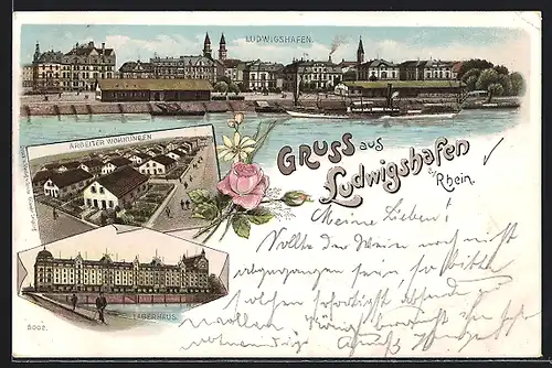 Lithographie Ludwigshafen a. Rhein, Lagerhaus, Arbeiterwohnungen, Uferpartie mit Dampfer