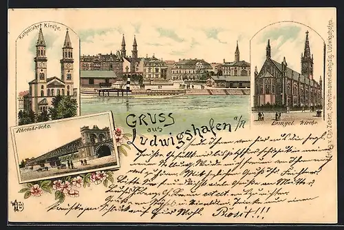 Lithographie Ludwigshafen a. Rh., Rheinbrücke, Evangelische Kirche, Katholische Kirche, Panorama mit Dampfer