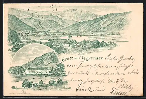 Lithographie Tegernsee, Ortsansicht und Gebirgspanorama