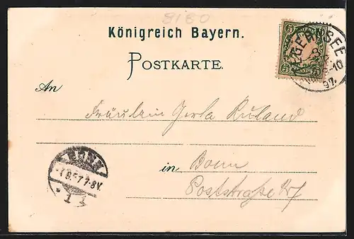 Lithographie Tegernsee, Ortsansicht und Gebirgspanorama