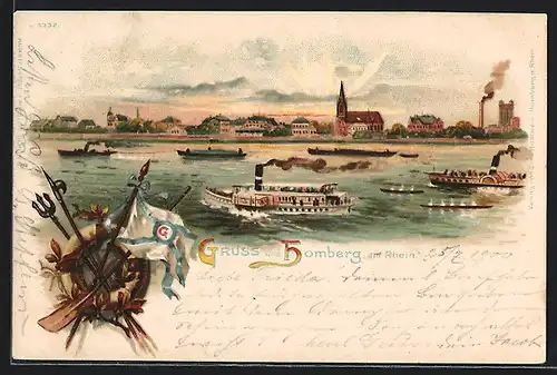 Lithographie Homberg a. Rh., Dampfer auf dem Rhein, Blick auf die Stadt
