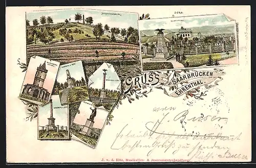 Lithographie Saarbrücken-Ehrental, Winterberg Denkmal, Spichererberg