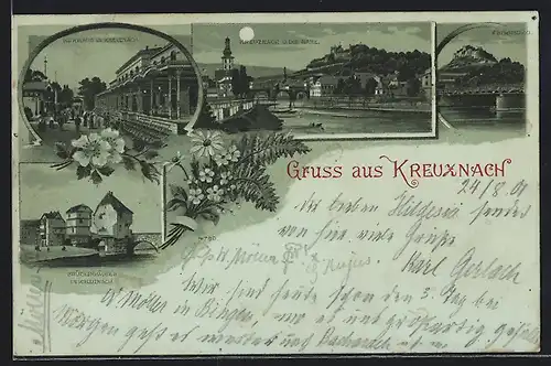 Mondschein-Lithographie Bad Kreuznach, Kurhaus, Ebernburg, Nahepartie und Brückenhäuser