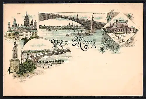 Lithographie Mainz, Dom, Strassenbrücke, Stadthalle, Blick vom Castel mit Brücke und Dampfer