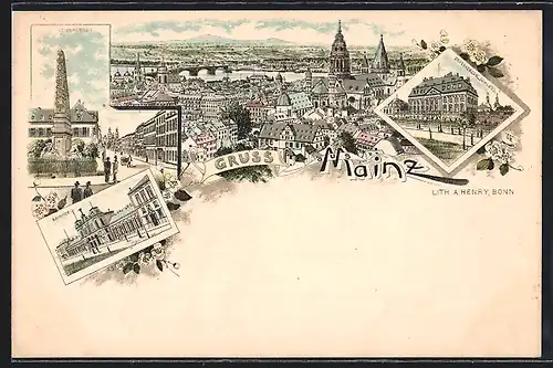 Lithographie Mainz, Neubrunnen, Bahnhof, Grossherzogliches Schloss und Gesamtansicht