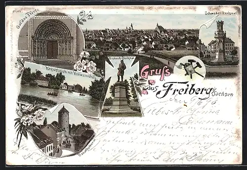 Lithographie Freiberg i / Sachsen, Kreuzteich mit Kreuzmühle, Schweden-Denkmal, Bismarck-Denkmal