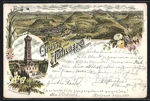 Lithographie Annaberg / Erzgeb., Aussichtsturm auf dem Pöhlberg, Panorama