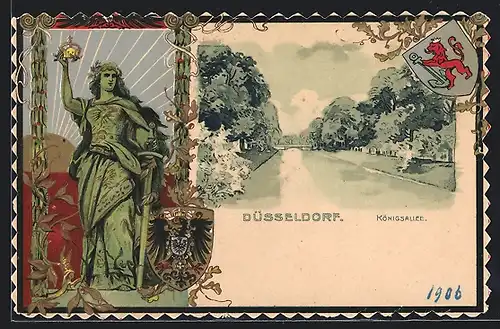 Passepartout-Lithographie Düsseldorf, Königsallee und Wappen