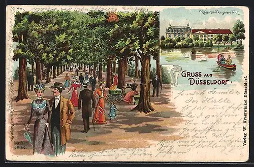 Lithographie Düsseldorf, Hofgarten, Der grosse Teich, Spaziergänger in der Seufzer-Allee