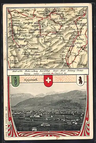 AK Appenzell, Ortsansicht mit Landkarte und Wappen