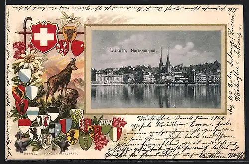 Passepartout-Lithographie Luzern, Nationalquai, verschiedene Wappen