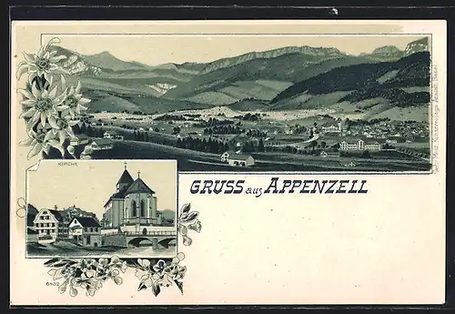 Lithographie Appenzell, Partie mit Kirche und Brücke, Panorama