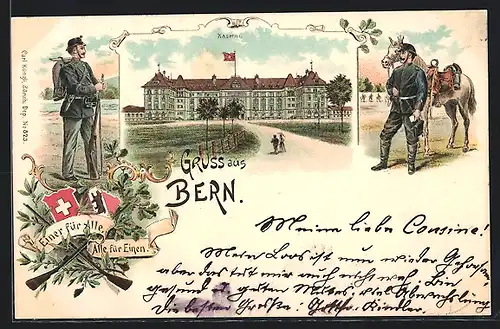 Lithographie Bern, Kaserne, Infanterist und Kavallerist, Einer für Alle, Alle für Einen, Wappen