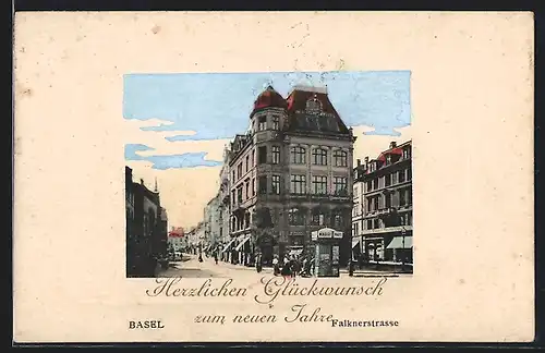 AK Basel, Falknerstrasse mit Geschäftshaus und Litfasssäule