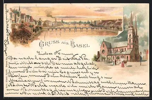 Lithographie Basel, Kirche, Stadtansicht mit Brücken