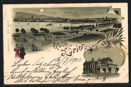 Mondschein-Lithographie Zürich, Theater, Panorama, Liebespaar