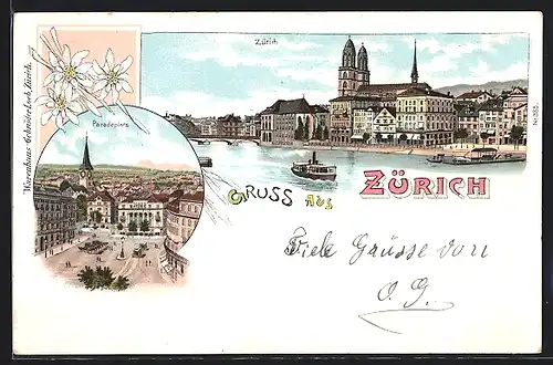 Lithographie Zürich, Paradeplatz, Teilansicht mit Kirche