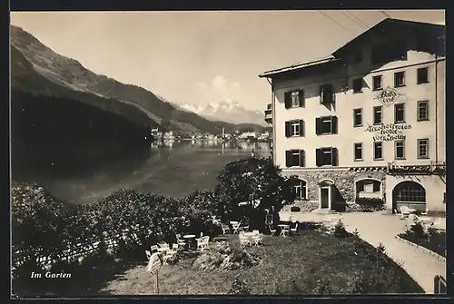 AK St. Moritz / Engadin, Hotel Bellaval mit Garten und Seeblick