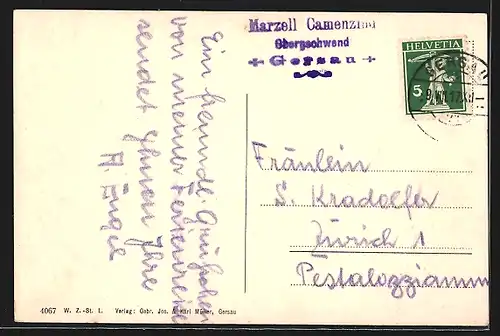 AK Gersau, Ober-Gschwend, Almhof mit Familie und Scheune