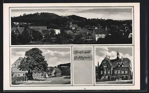 AK Goldschau /Osterfeld, Teilansicht aus der Vogelschau, Dorfstrasse mit Gasthof, Rittergut