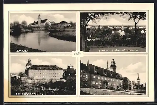 AK Zeitz, Bahnhof, Rathaus, Schloss Moritzburg