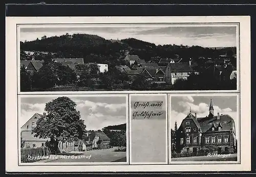 AK Goldschau /Osterfeld, Teilansicht aus der Vogelschau, Dorfstrasse mit Gasthof, Rittergut