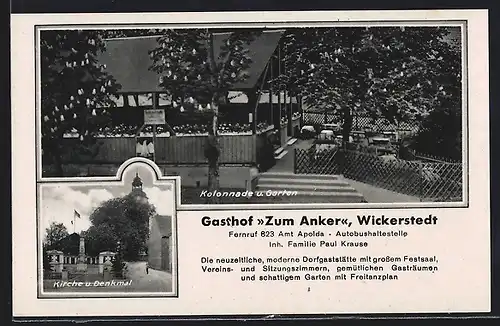 AK Wickerstedt, Gasthof Zum Anker Kolonnade u. Garten, Kirche u. Denkmal