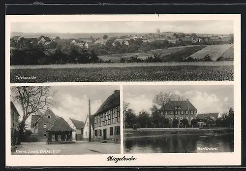 AK Ziegelroda, Totalansicht, Pfarre mit Schule & Glockenstuhl, Oberförsterei