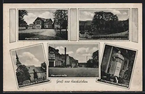 AK Hardisleben, Park, Kriegerdenkmal 1914-18, Kirche aus dem 16. Jahrhundert