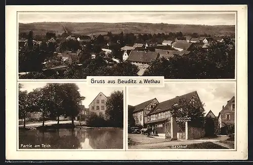 AK Beuditz a. Wethau, Gasthaus und Materialwarengeschäft, Partie am Teich, Teilansicht