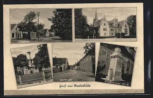 AK Markröhlitz, Dorfpartie, Dorfstrasse, Rittergut, Kriegerdenkmäler