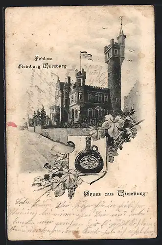 AK Würzburg, Schloss Steinburg Würzburg, Wappen mit Flasche Stein Eigenbau